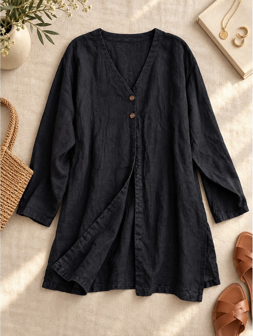 Vintage 90s J.Jill Black 100% Linen 2-Button Tunic Duster Jacke XL (EUC)